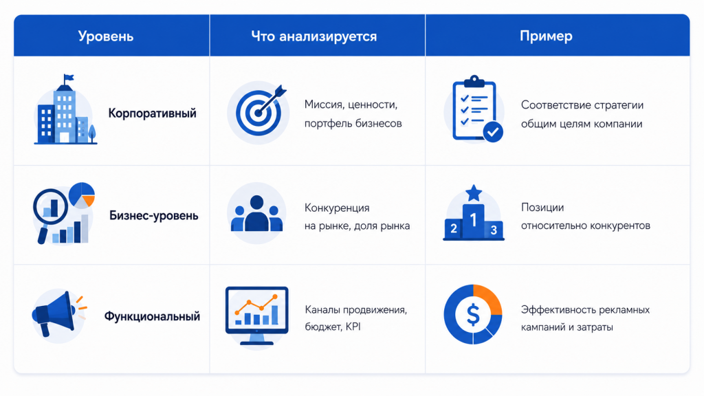 Уровни анализа маркетинговой стратегии Уровни анализа маркетинговой стратегии